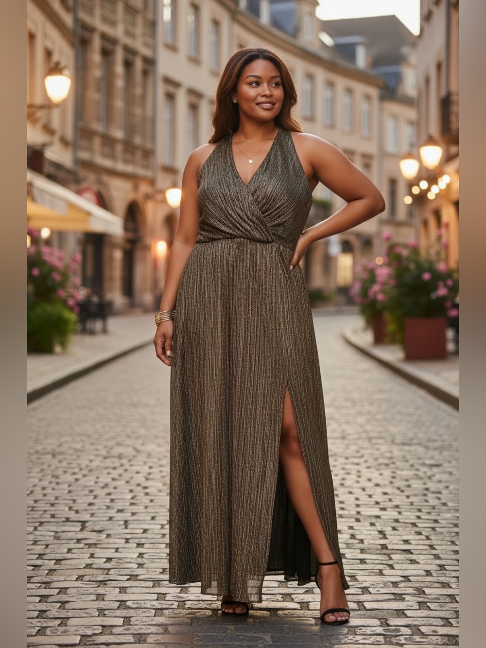 ALEXA B Nites Gold Metallic Plisse Maxi Dress With Slit Sz 18W Cocktail Evening